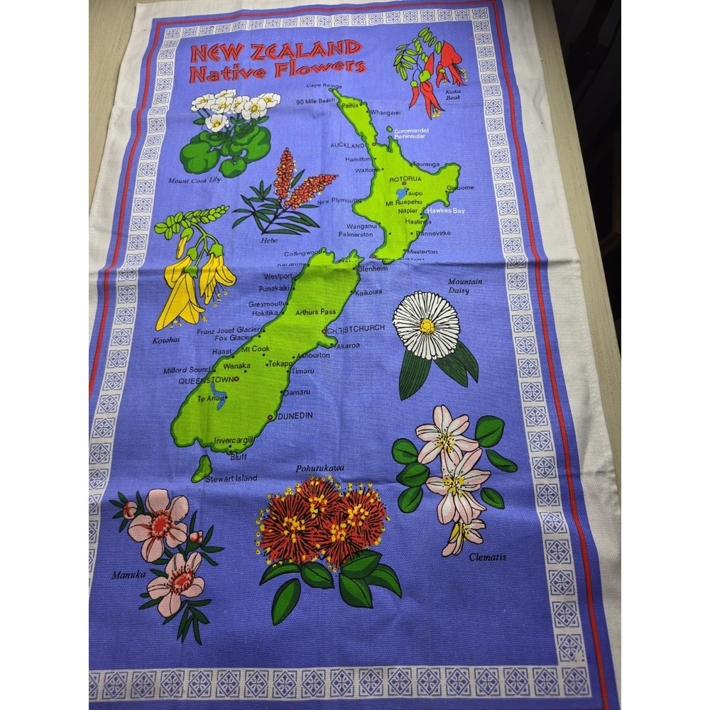 New Zealand Tea Hand Towel Wall Hanging 19x31 Flower Map Bright Beautiful